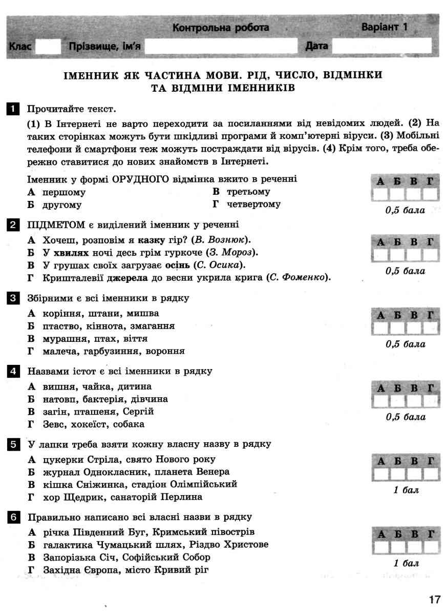 українська мова та література 6 клас тестовий контроль знань 